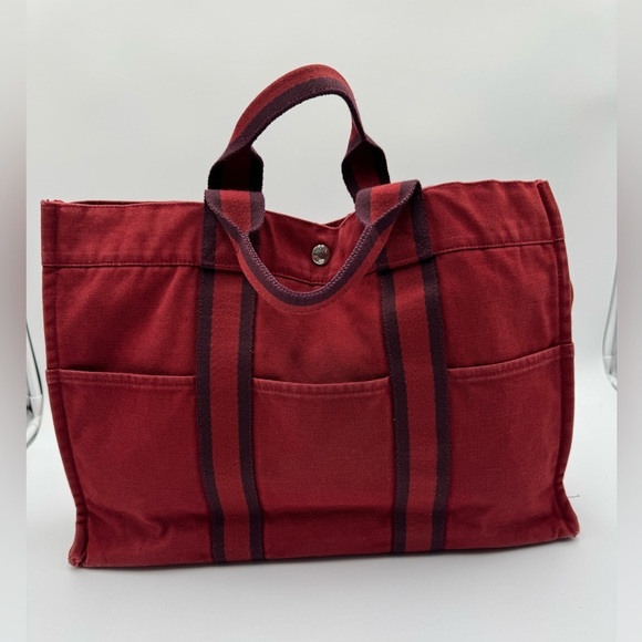 Authentic Hermes Large Tote Red Canvas w/Dark Black Stripes 16.5x12 - Picture 4 of 14